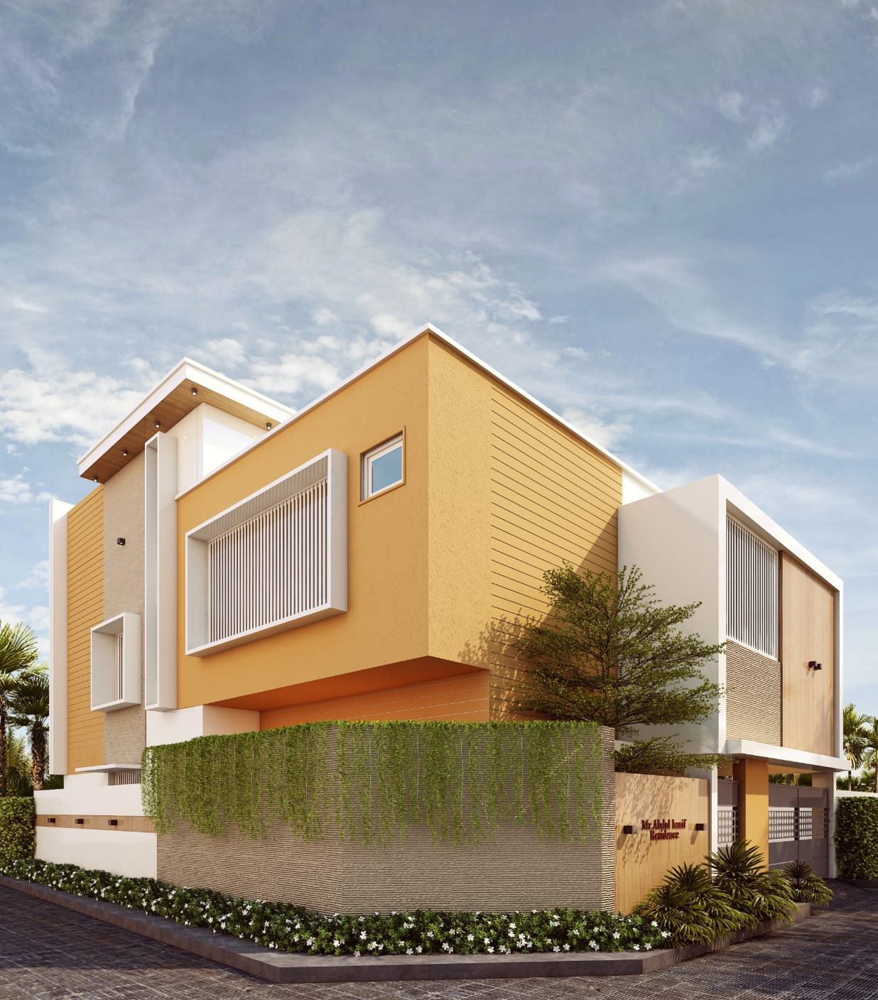 Contemporary residence with ochre facade and vertical garden